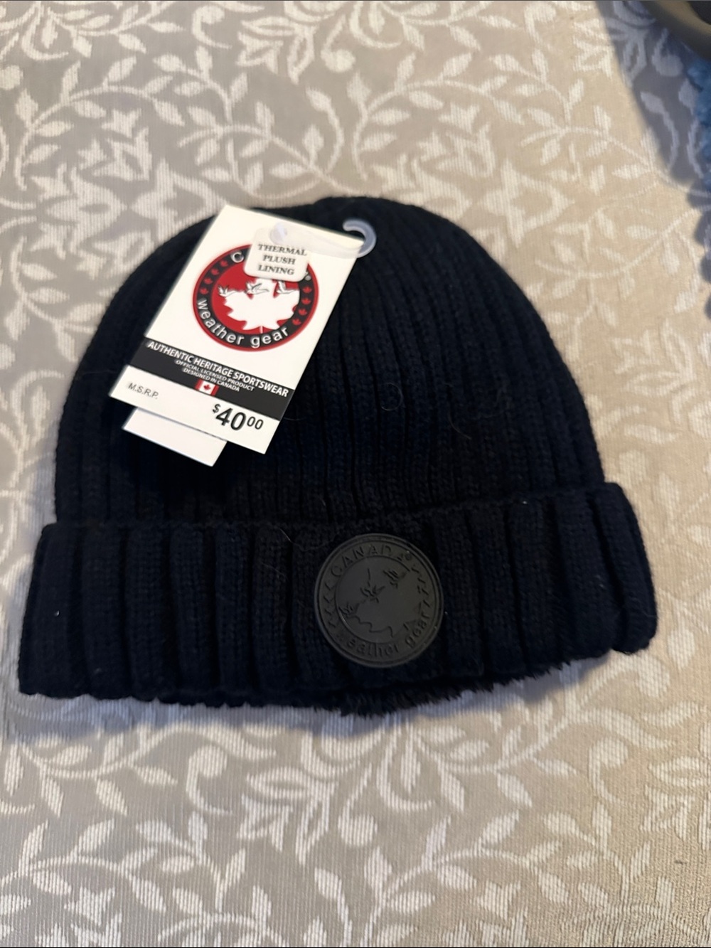 Men's Black Ribbed Knit Beanie with Round Logo Patch